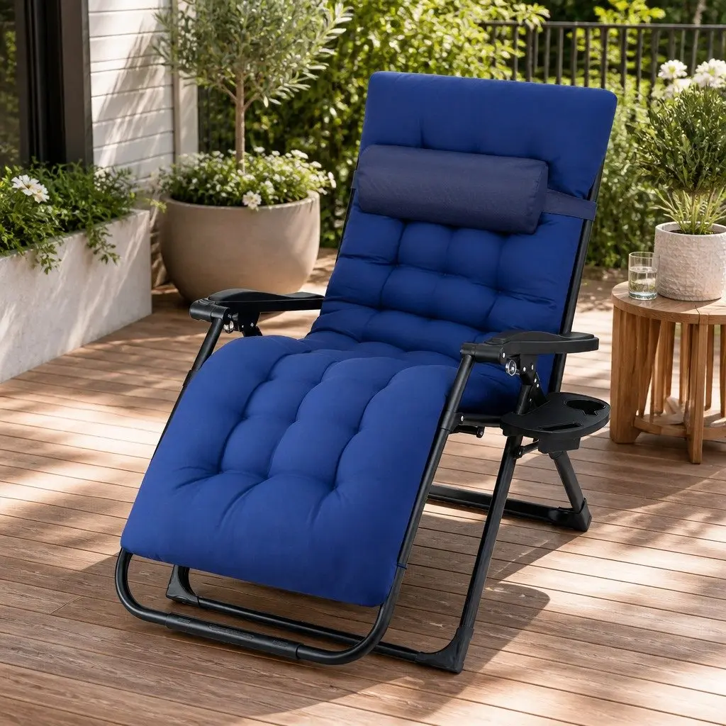 Folding Sun Lounger Blue XL Adjustable Reclining Outdoor Chair