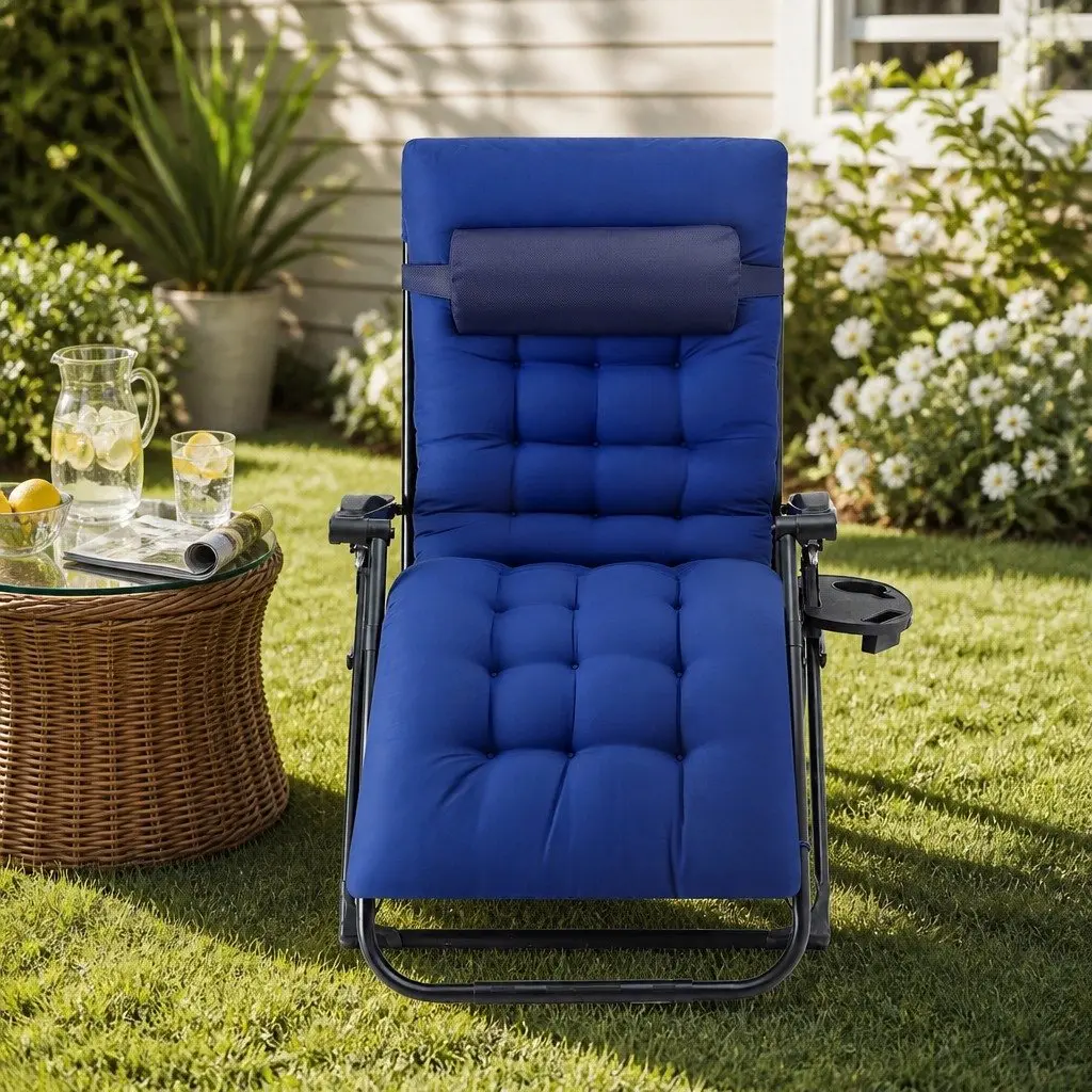 Folding Sun Lounger Blue XL Adjustable Reclining Outdoor Chair