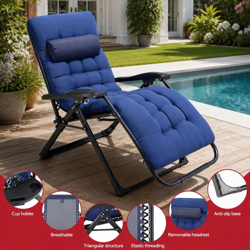 Folding Sun Lounger Blue XL Adjustable Reclining Outdoor Chair