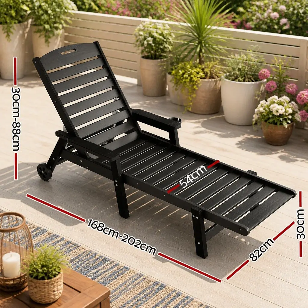 Outdoor Chair Black 4-Position Adjustable Chaise with Wheels