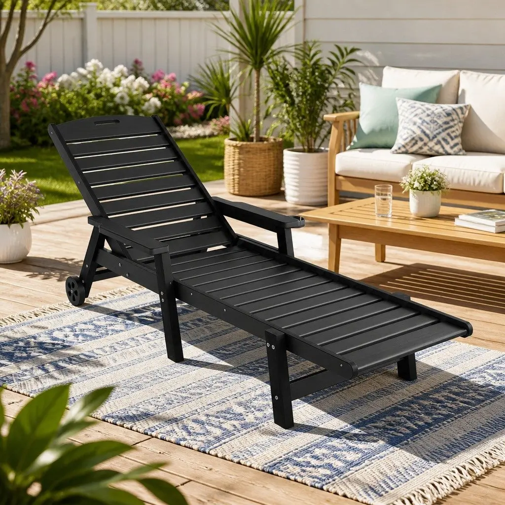 Outdoor Chair Black 4-Position Adjustable Chaise with Wheels