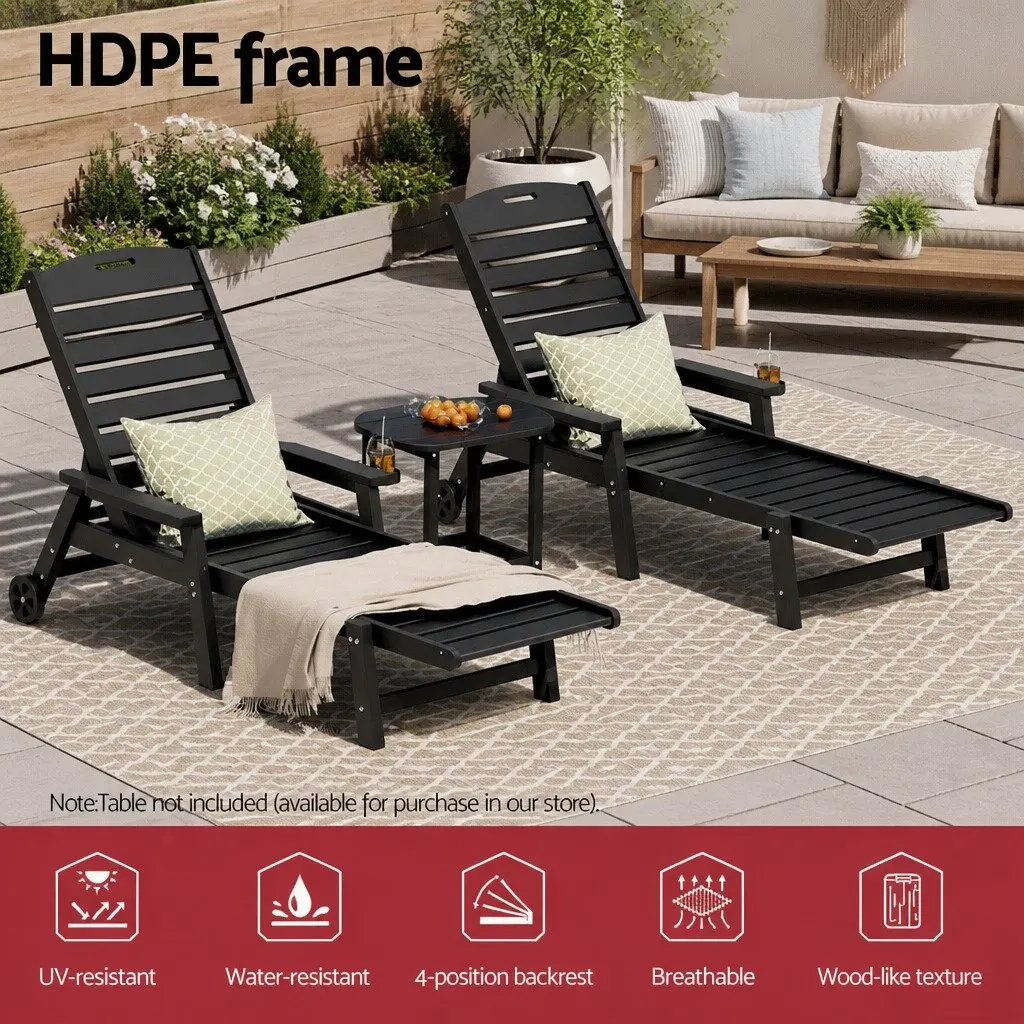 Outdoor Chair Black 4-Position Adjustable Chaise with Wheels