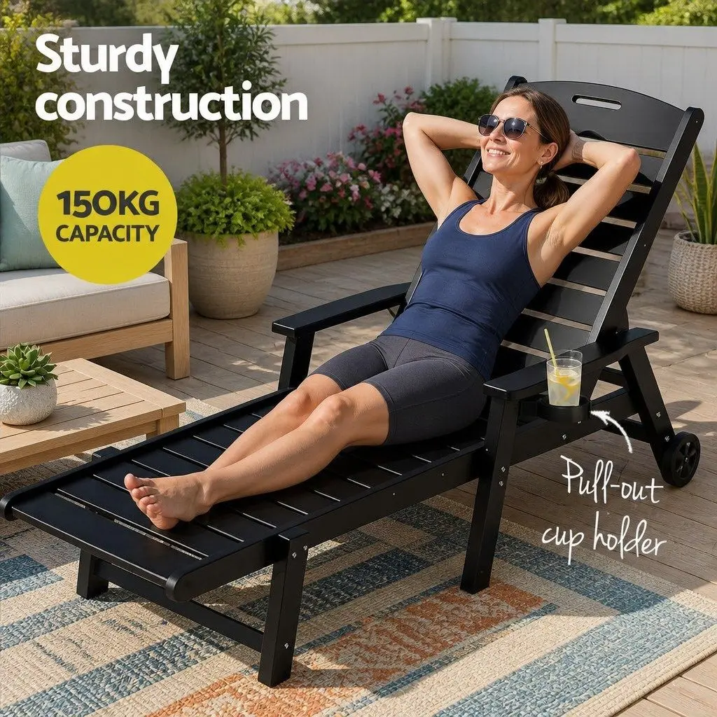 Outdoor Chair Black 4-Position Adjustable Chaise with Wheels