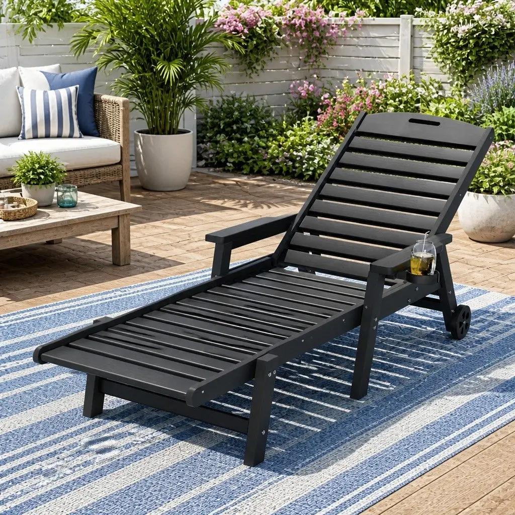 Outdoor Chair Black 4-Position Adjustable Chaise with Wheels