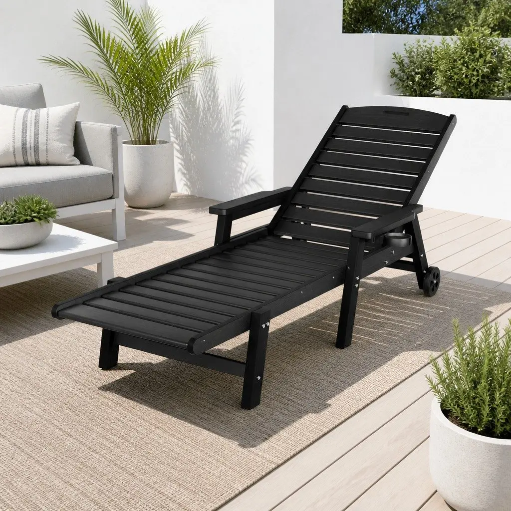 Outdoor Chair Black 4-Position Adjustable Chaise with Wheels