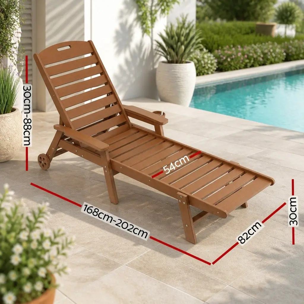 Outdoor Sun Lounge Chair Brown 4-Position Adjustable Weather-Resistant with Easy-Move Wheels and Pull-Out Cup Holder