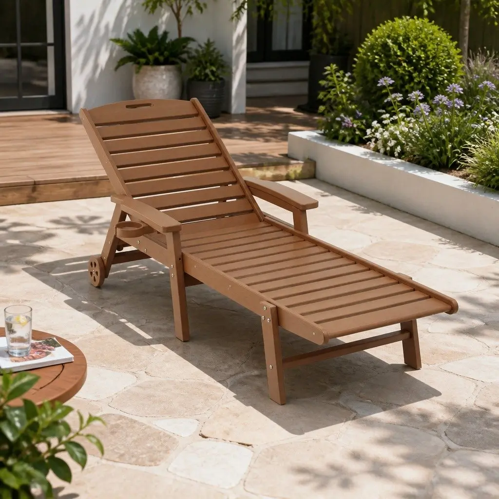 Outdoor Sun Lounge Chair Brown 4-Position Adjustable Weather-Resistant with Easy-Move Wheels and Pull-Out Cup Holder