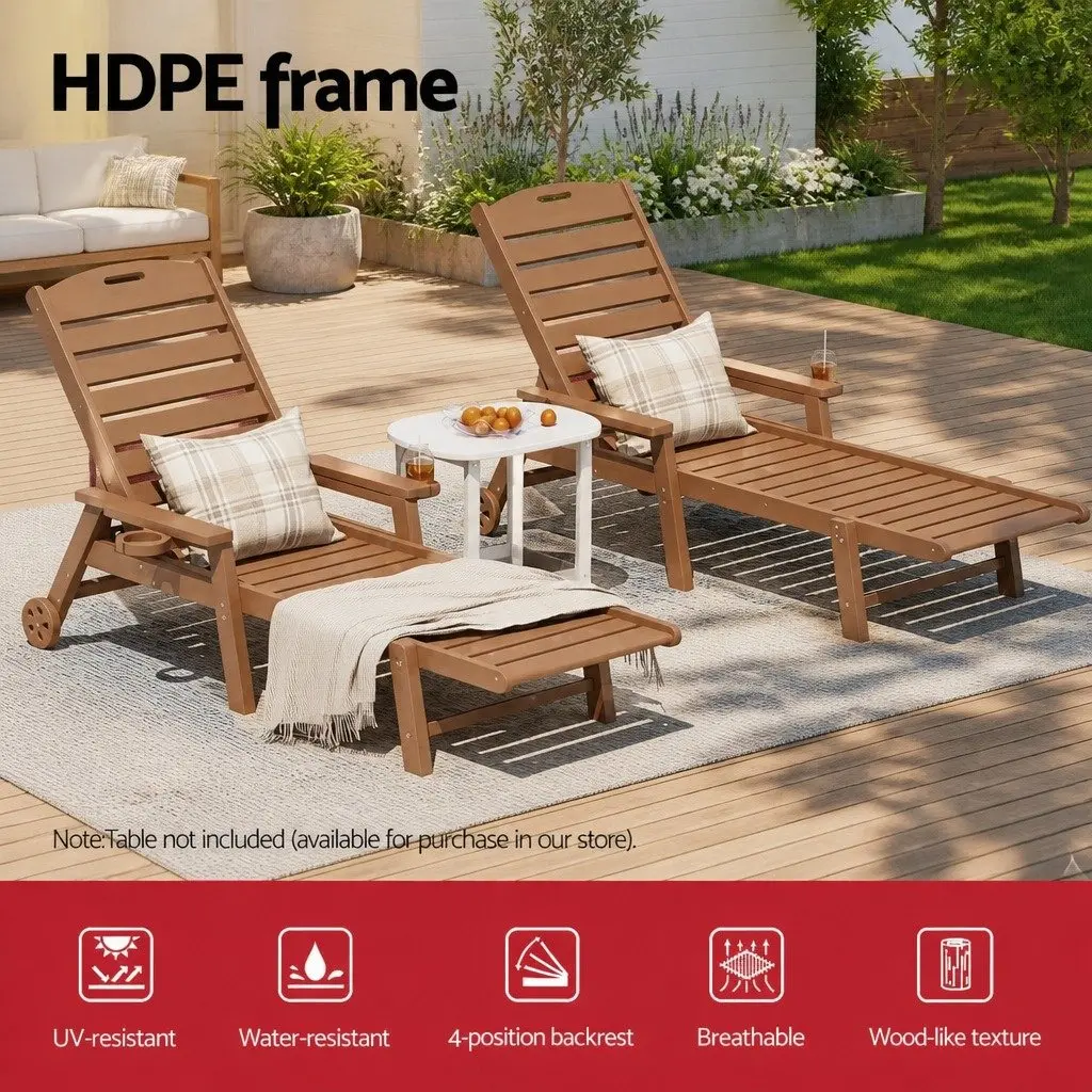 Outdoor Sun Lounge Chair Brown 4-Position Adjustable Weather-Resistant with Easy-Move Wheels and Pull-Out Cup Holder