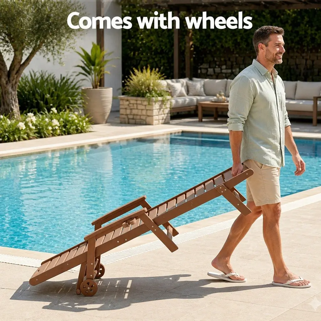 Outdoor Sun Lounge Chair Brown 4-Position Adjustable Weather-Resistant with Easy-Move Wheels and Pull-Out Cup Holder