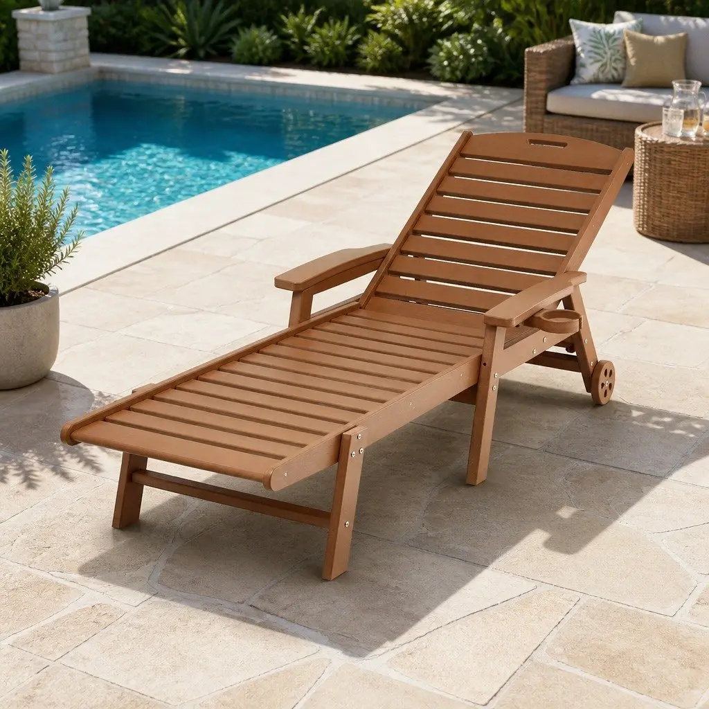 Outdoor Sun Lounge Chair Brown 4-Position Adjustable Weather-Resistant with Easy-Move Wheels and Pull-Out Cup Holder