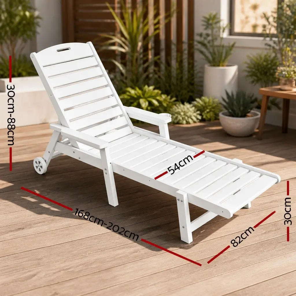 Adjustable Sun Lounger White 4-Position with Wheels and Cup Holder