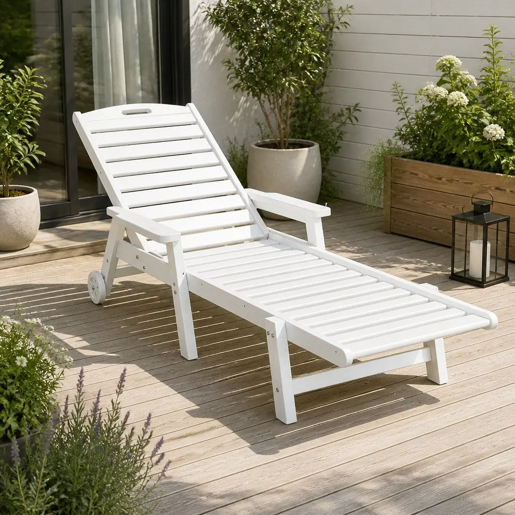 Adjustable Sun Lounger White 4-Position with Wheels and Cup Holder