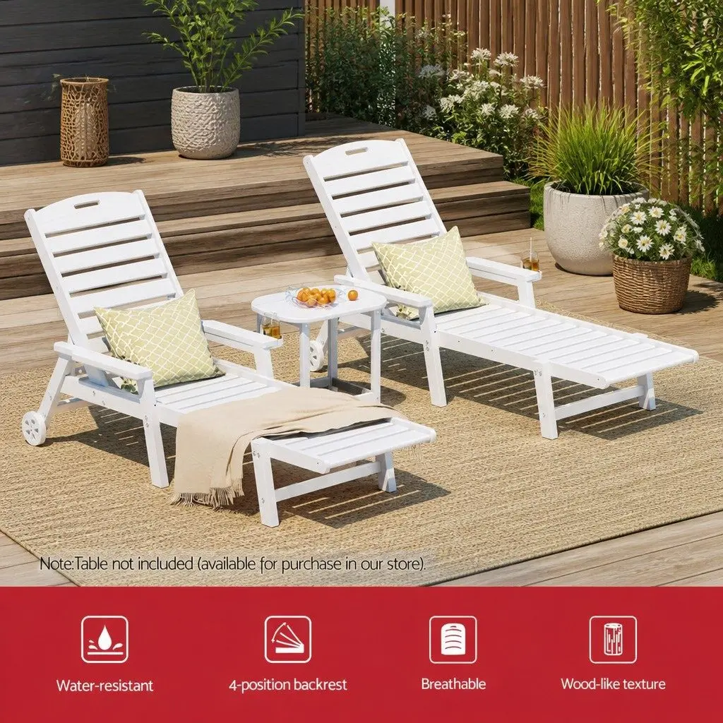Adjustable Sun Lounger White 4-Position with Wheels and Cup Holder