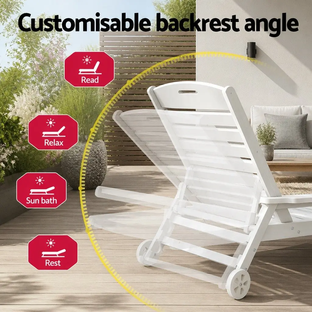 Adjustable Sun Lounger White 4-Position with Wheels and Cup Holder