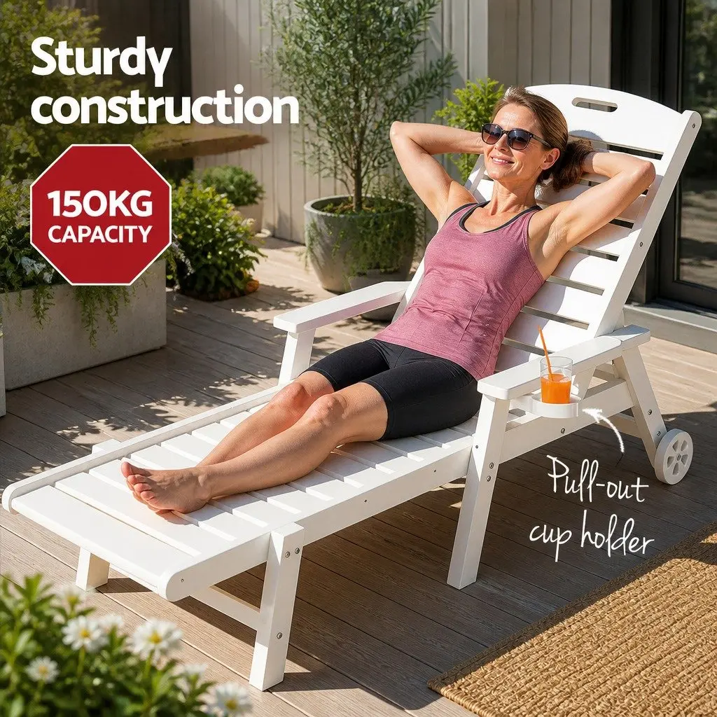Adjustable Sun Lounger White 4-Position with Wheels and Cup Holder