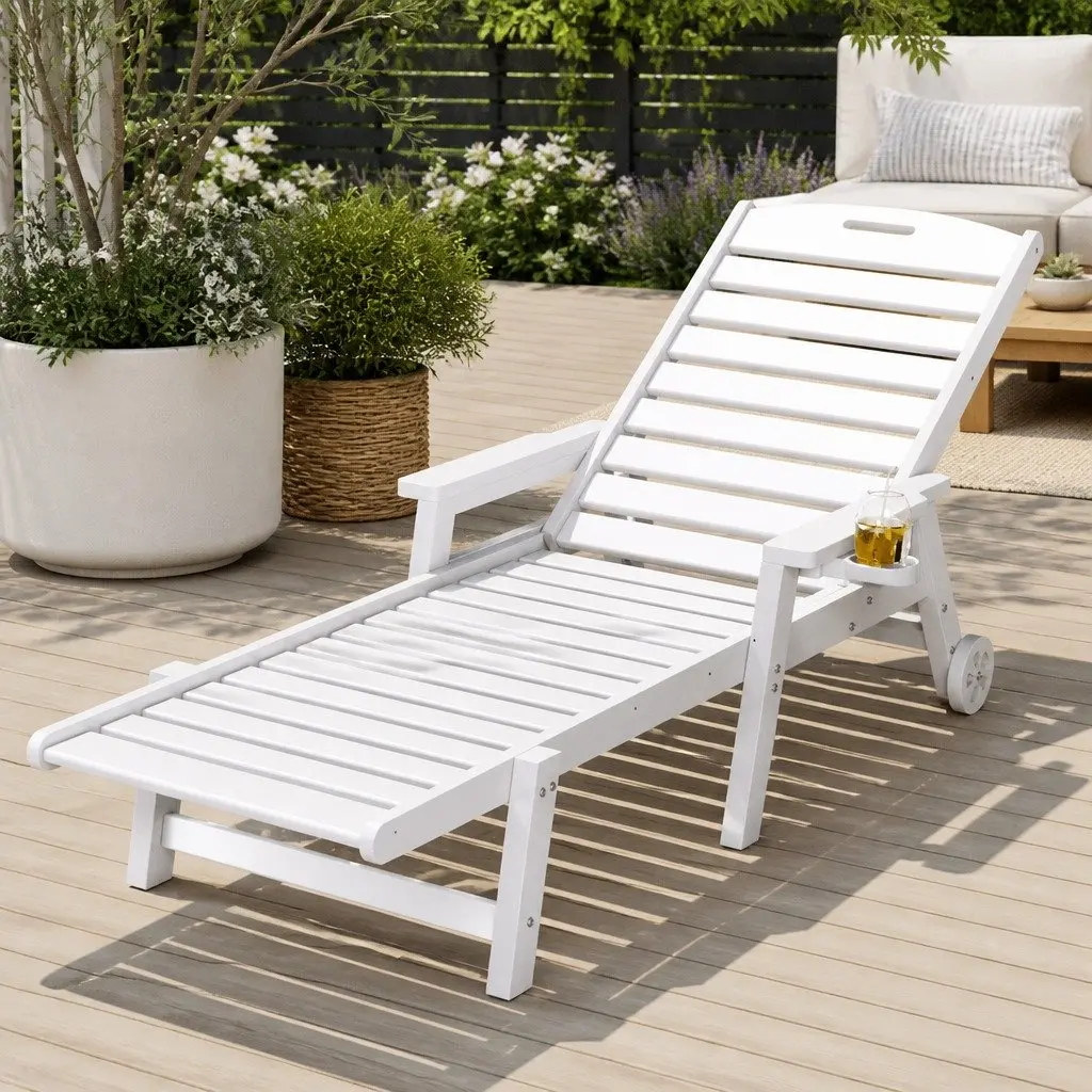 Adjustable Sun Lounger White 4-Position with Wheels and Cup Holder