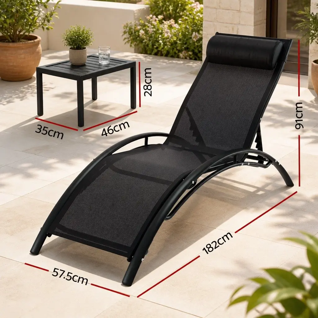Outdoor Sun Lounger Black 3 Piece Steel Frame Adjustable Backrest