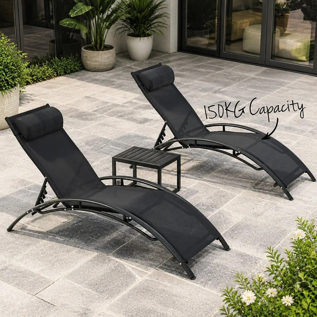 Outdoor Sun Lounger Black 3 Piece Steel Frame Adjustable Backrest