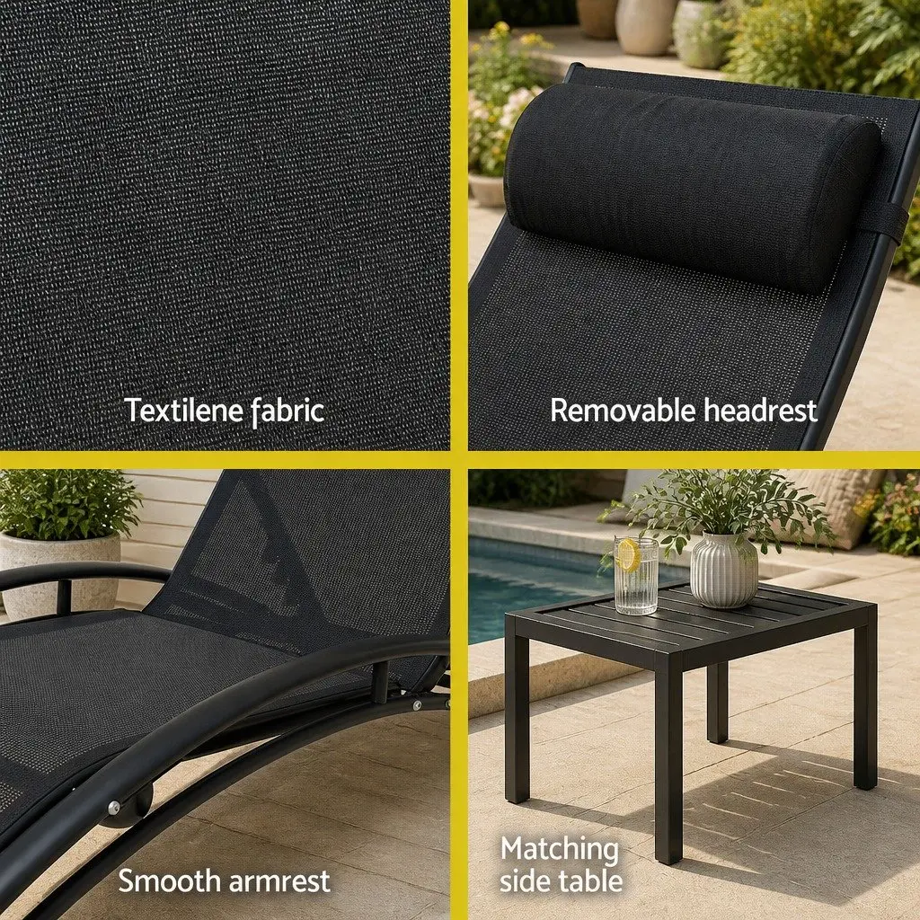 Outdoor Sun Lounger Black 3 Piece Steel Frame Adjustable Backrest