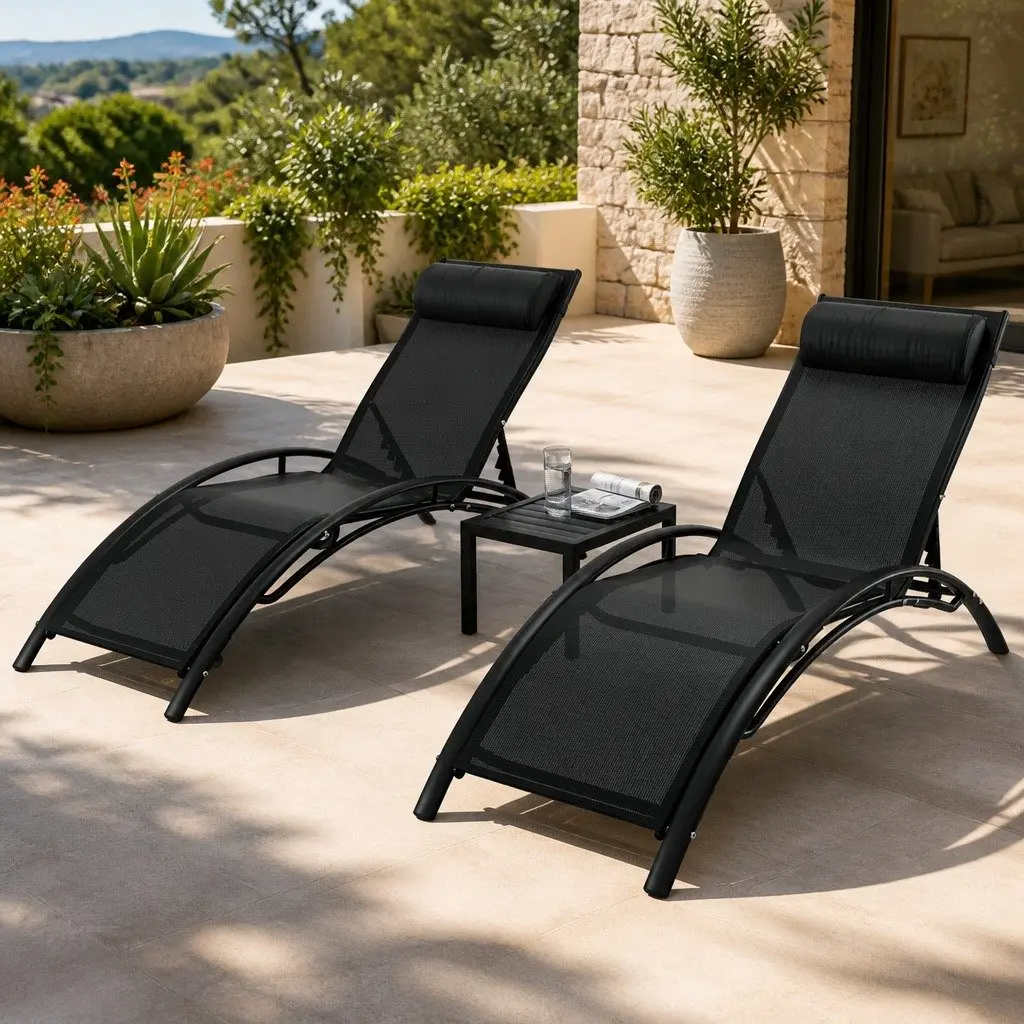 Outdoor Sun Lounger Black 3 Piece Steel Frame Adjustable Backrest