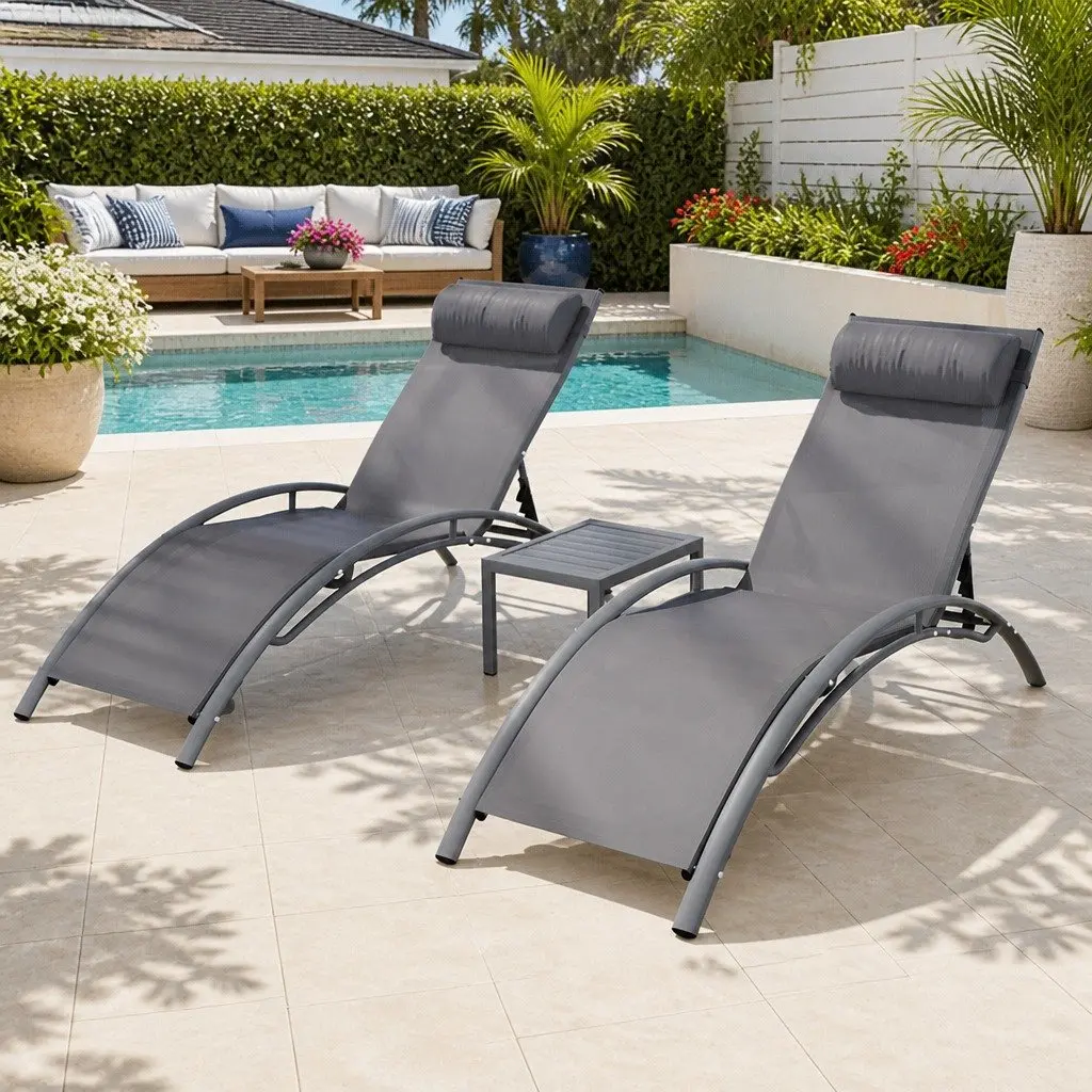 Outdoor Lounge Set Grey 3PC Steel Frame Adjustable Sun Lounger Chair Table