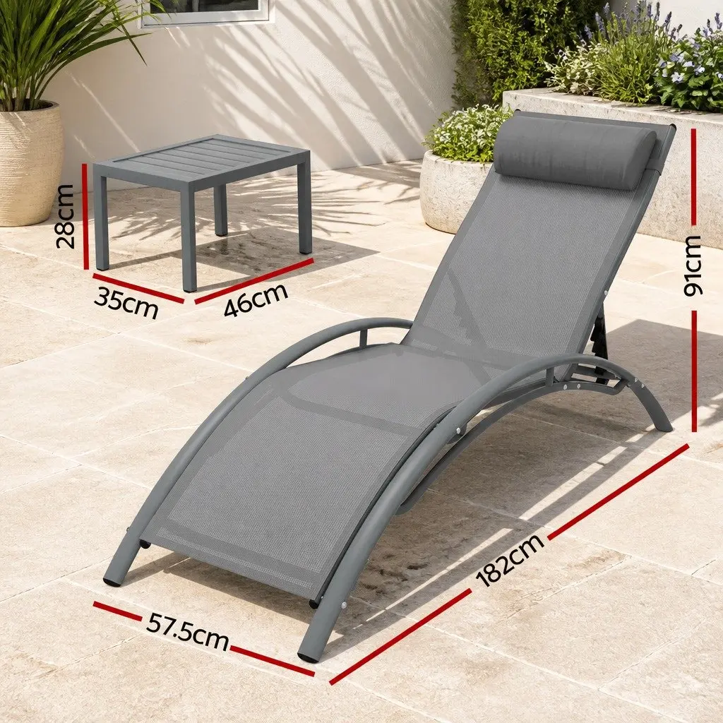 Outdoor Lounge Set Grey 3PC Steel Frame Adjustable Sun Lounger Chair Table
