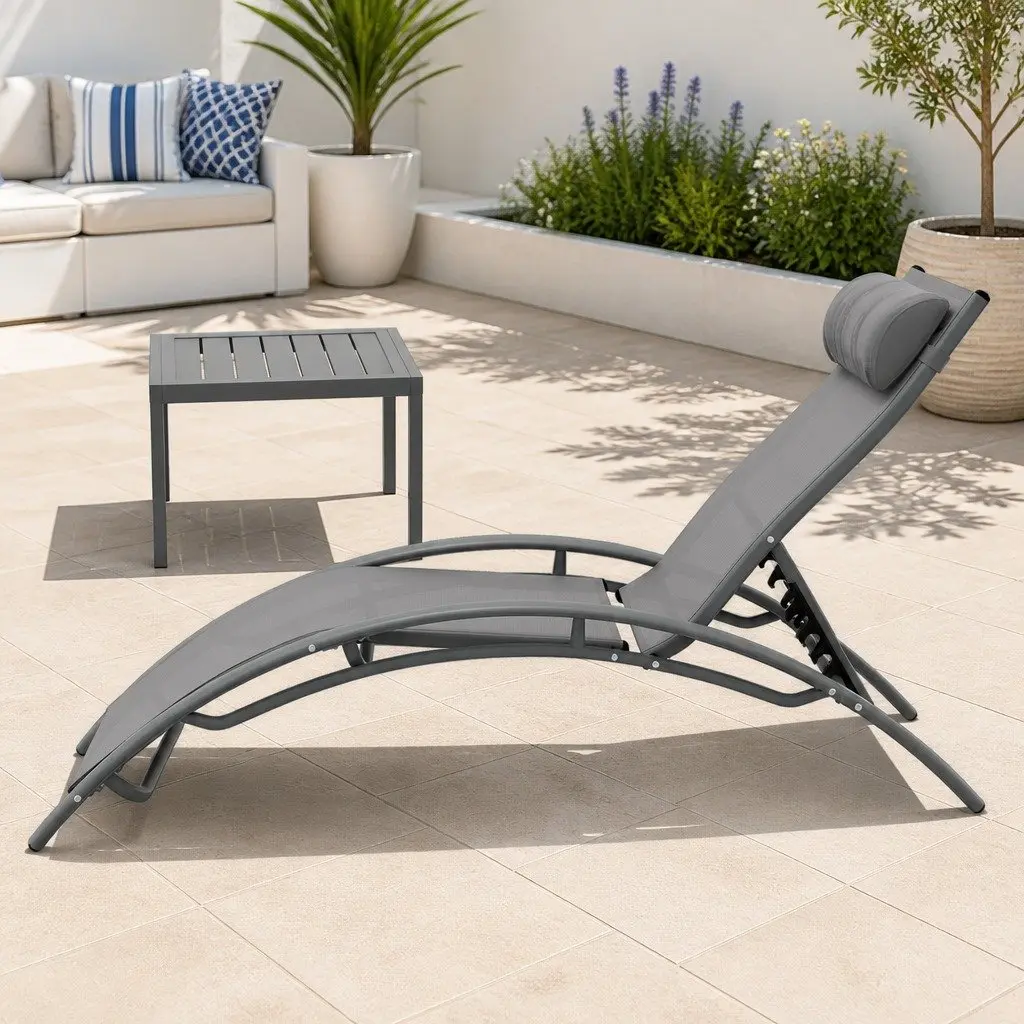 Outdoor Lounge Set Grey 3PC Steel Frame Adjustable Sun Lounger Chair Table