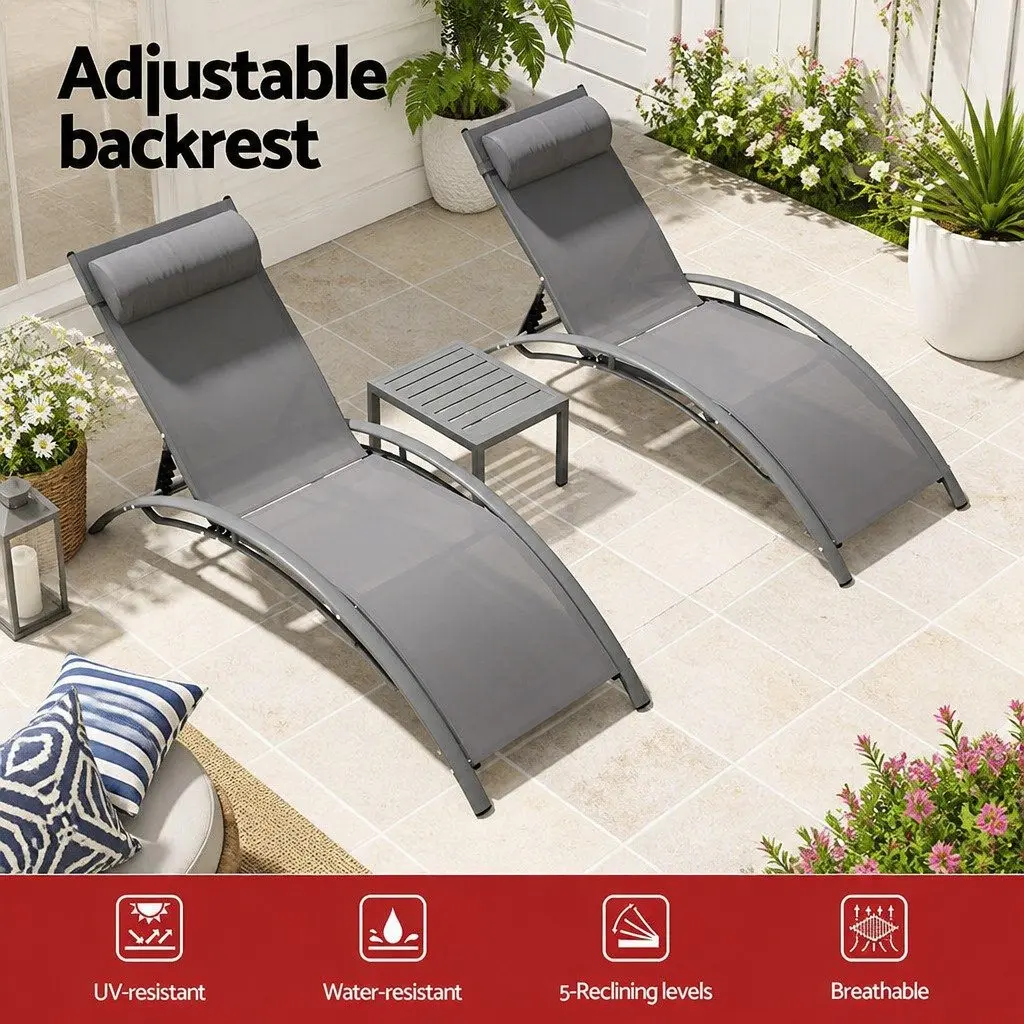 Outdoor Lounge Set Grey 3PC Steel Frame Adjustable Sun Lounger Chair Table