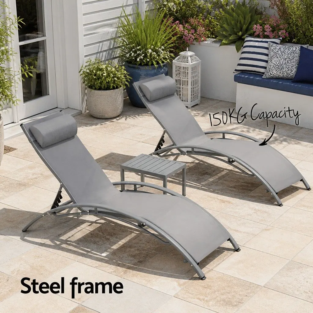Outdoor Lounge Set Grey 3PC Steel Frame Adjustable Sun Lounger Chair Table