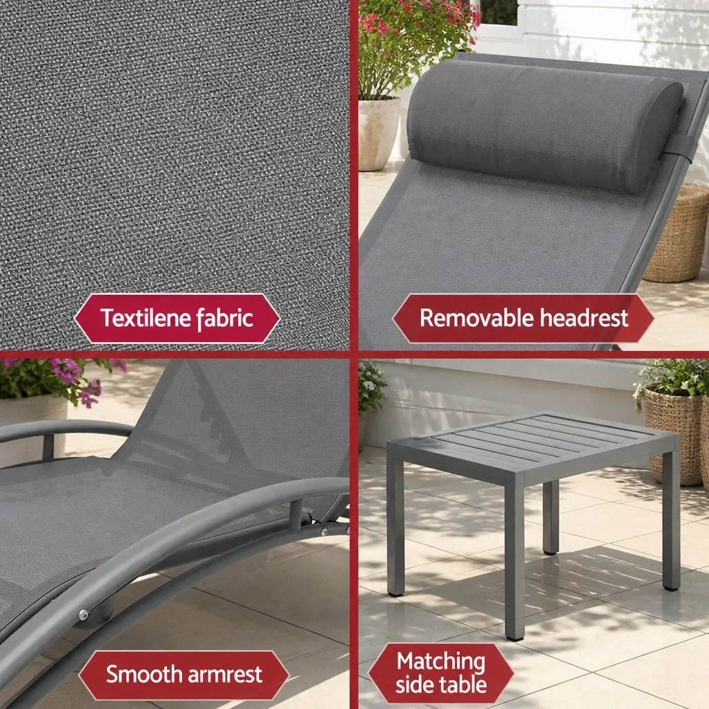 Outdoor Lounge Set Grey 3PC Steel Frame Adjustable Sun Lounger Chair Table
