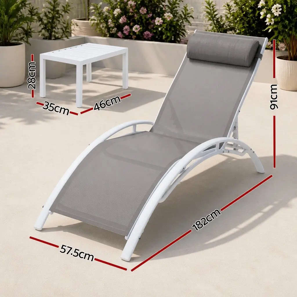 3PC Outdoor Lounge Set White Steel Frame Adjustable Sun Lounger Chairs