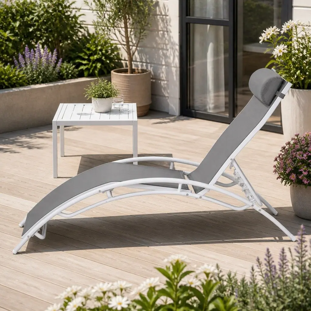 3PC Outdoor Lounge Set White Steel Frame Adjustable Sun Lounger Chairs