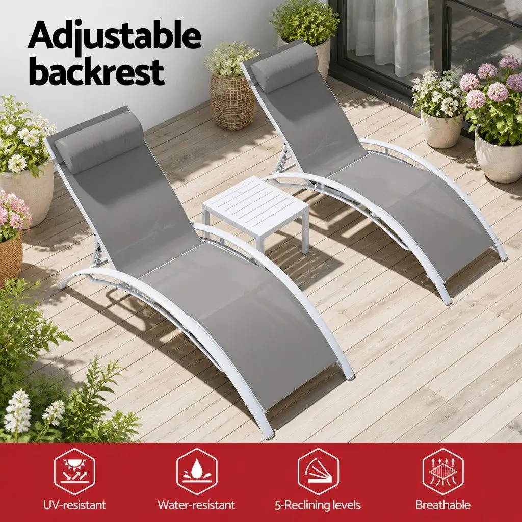 3PC Outdoor Lounge Set White Steel Frame Adjustable Sun Lounger Chairs