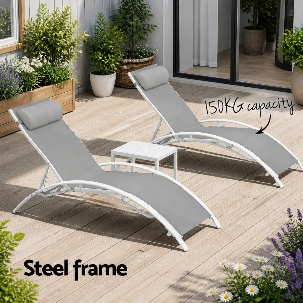 3PC Outdoor Lounge Set White Steel Frame Adjustable Sun Lounger Chairs