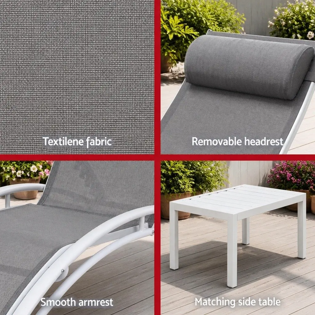 3PC Outdoor Lounge Set White Steel Frame Adjustable Sun Lounger Chairs