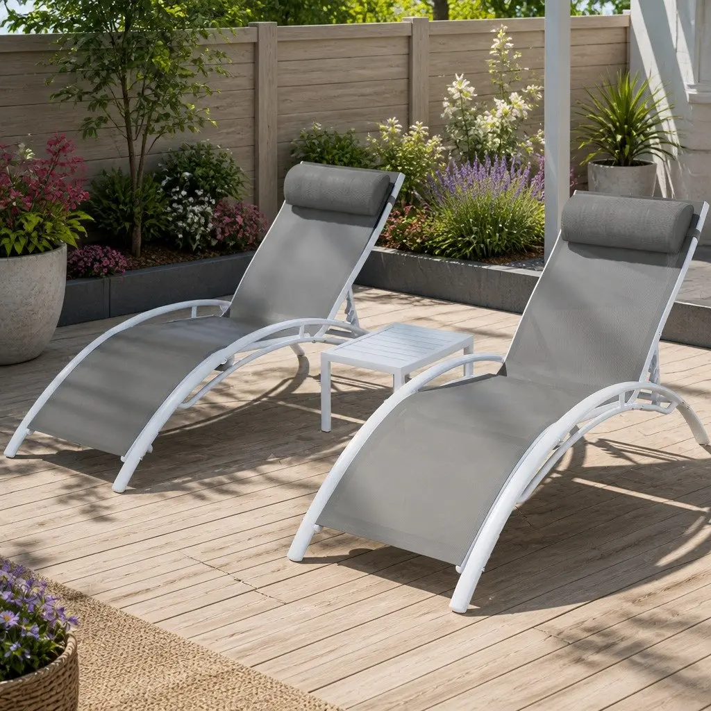 3PC Outdoor Lounge Set White Steel Frame Adjustable Sun Lounger Chairs