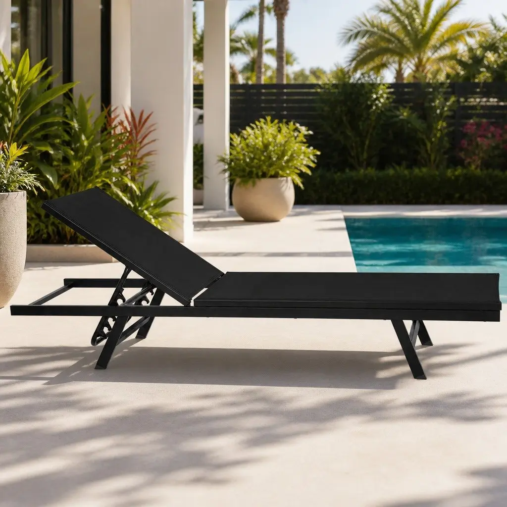Outdoor Lounger Black Steel Frame Adjustable Backrest Weather-resistant Textilene Fabric