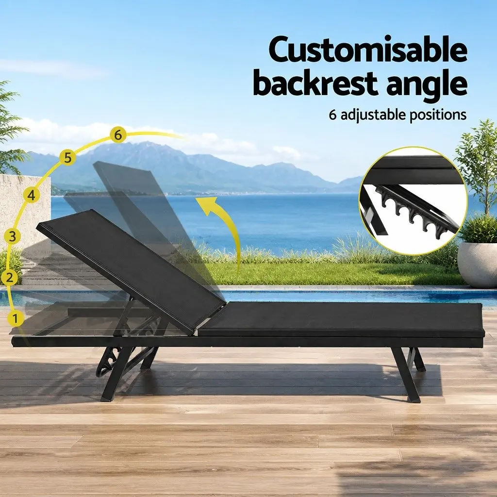 Outdoor Lounger Black Steel Frame Adjustable Backrest Weather-resistant Textilene Fabric