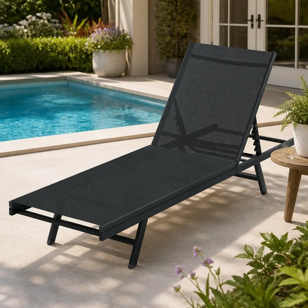 Outdoor Lounger Black Steel Frame Adjustable Backrest Weather-resistant Textilene Fabric