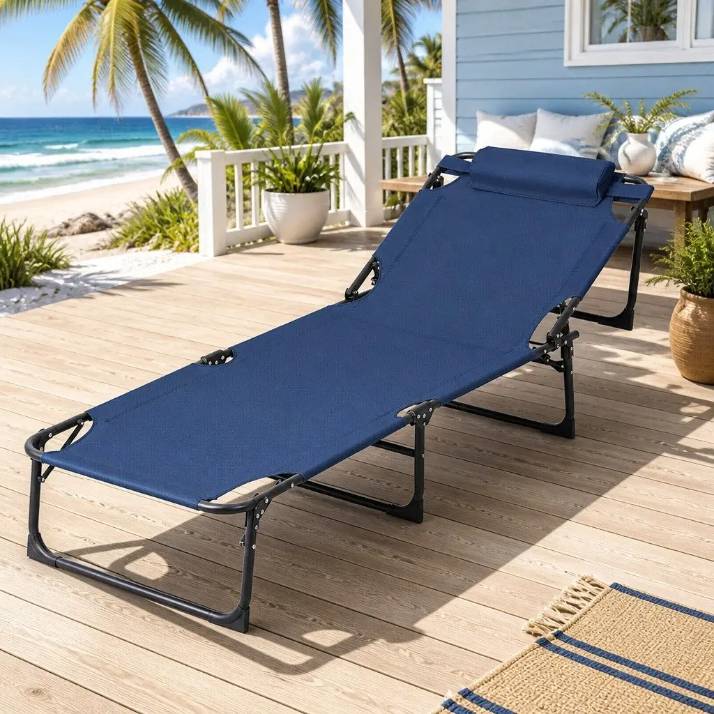 Sun Lounger Blue Folding Beach Chair 4-Position Adjustable Backrest Outdoor
