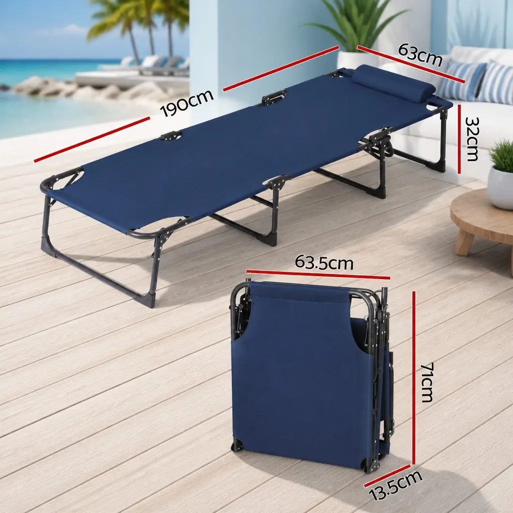 Sun Lounger Blue Folding Beach Chair 4-Position Adjustable Backrest Outdoor