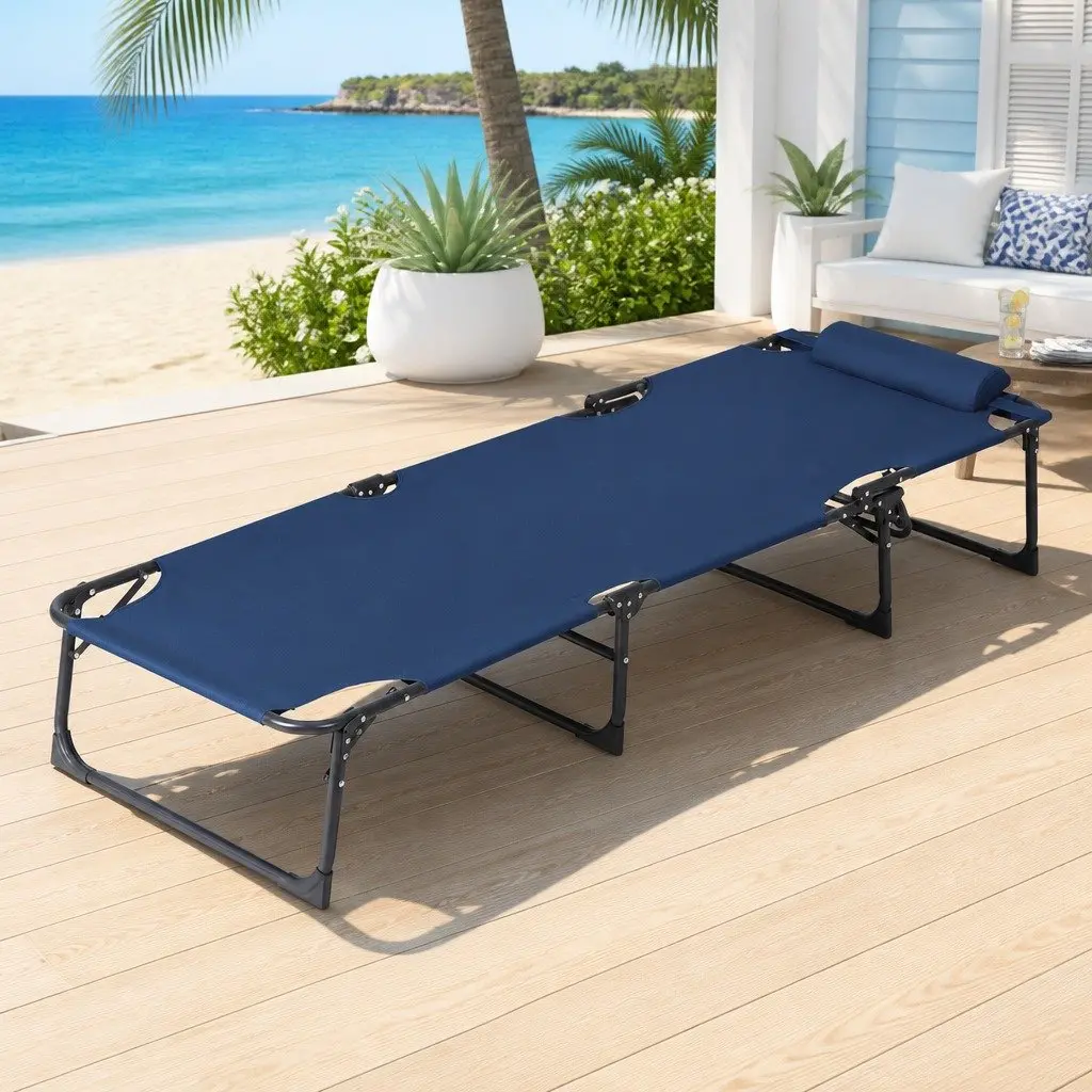 Sun Lounger Blue Folding Beach Chair 4-Position Adjustable Backrest Outdoor