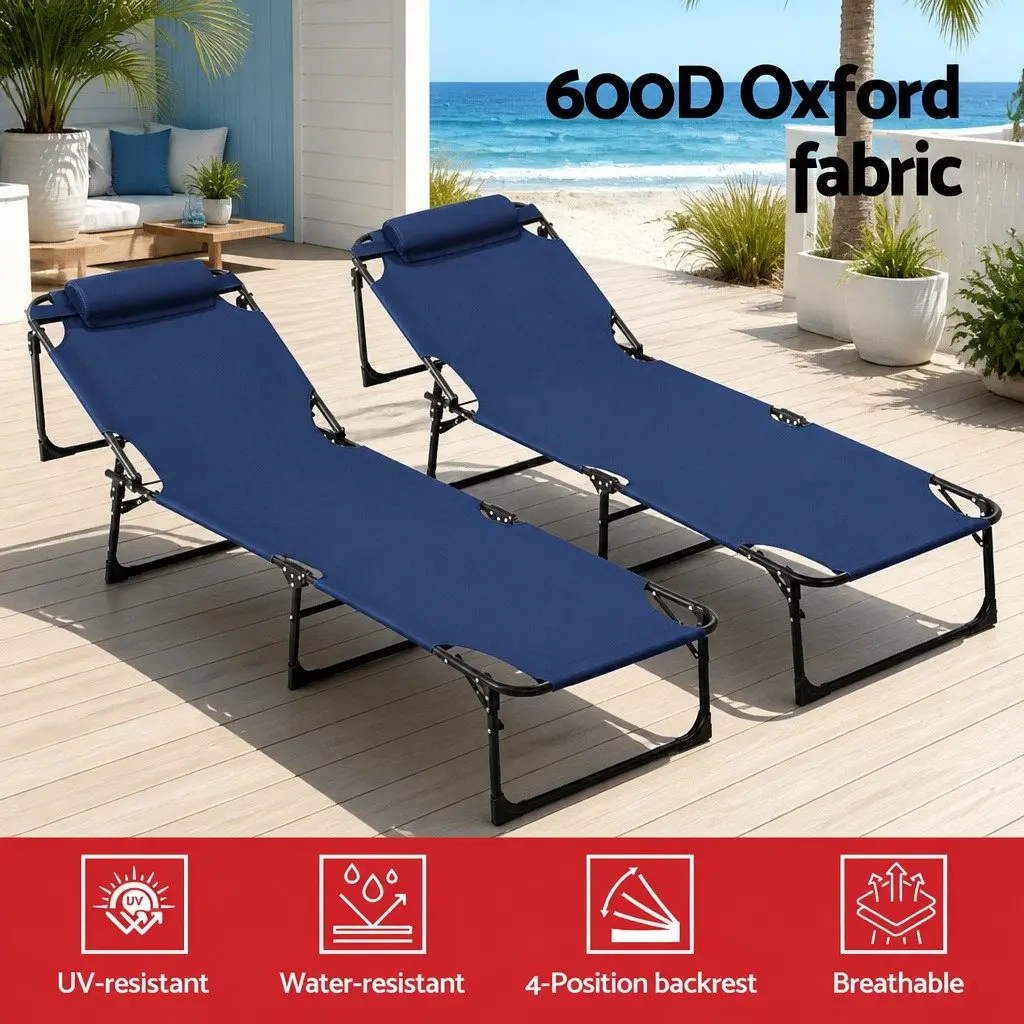 Sun Lounger Blue Folding Beach Chair 4-Position Adjustable Backrest Outdoor