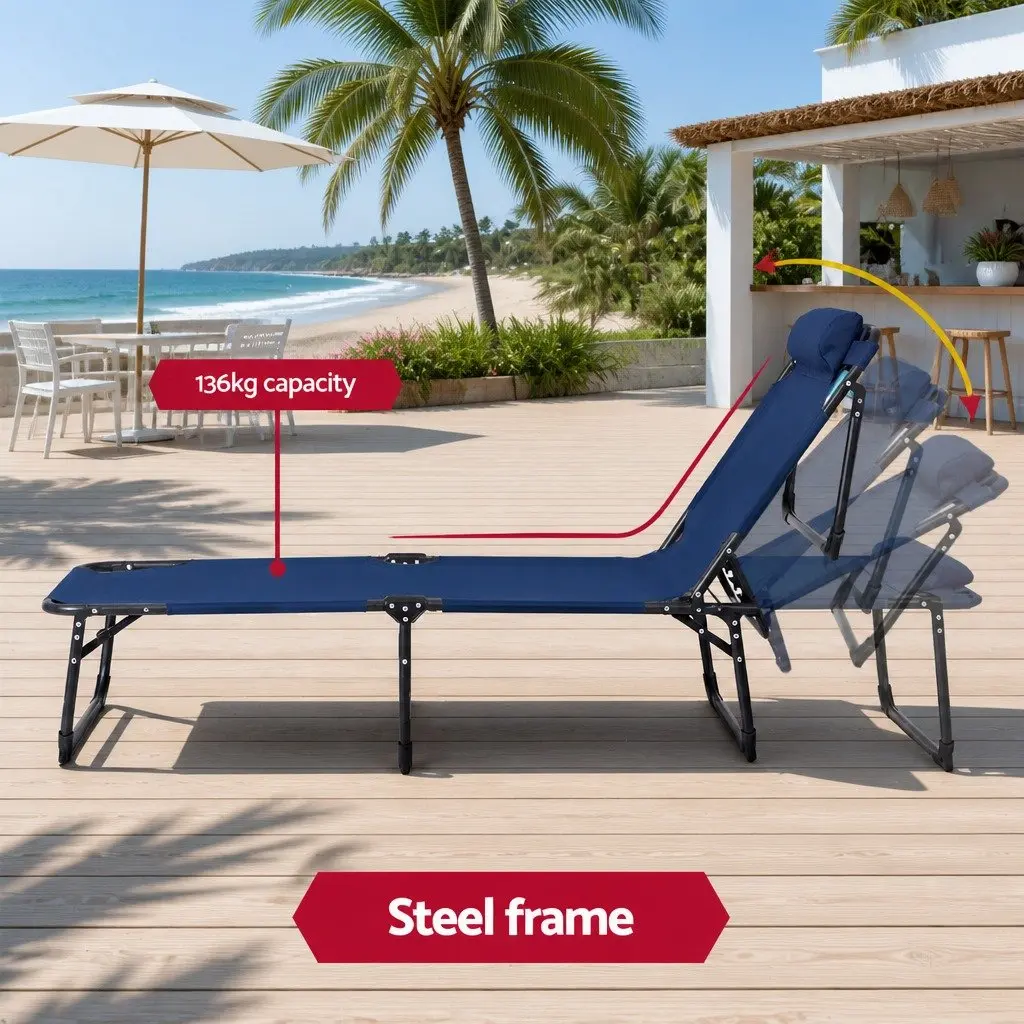 Sun Lounger Blue Folding Beach Chair 4-Position Adjustable Backrest Outdoor