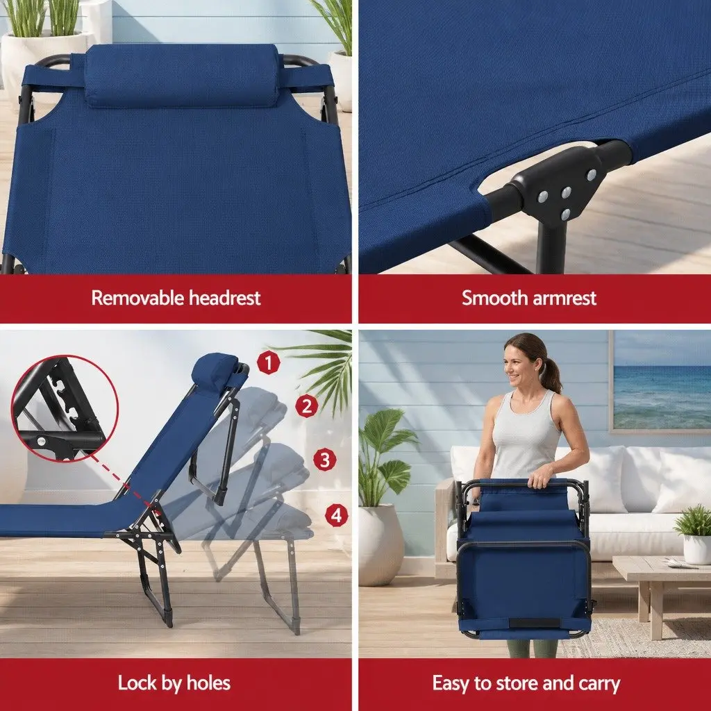 Sun Lounger Blue Folding Beach Chair 4-Position Adjustable Backrest Outdoor