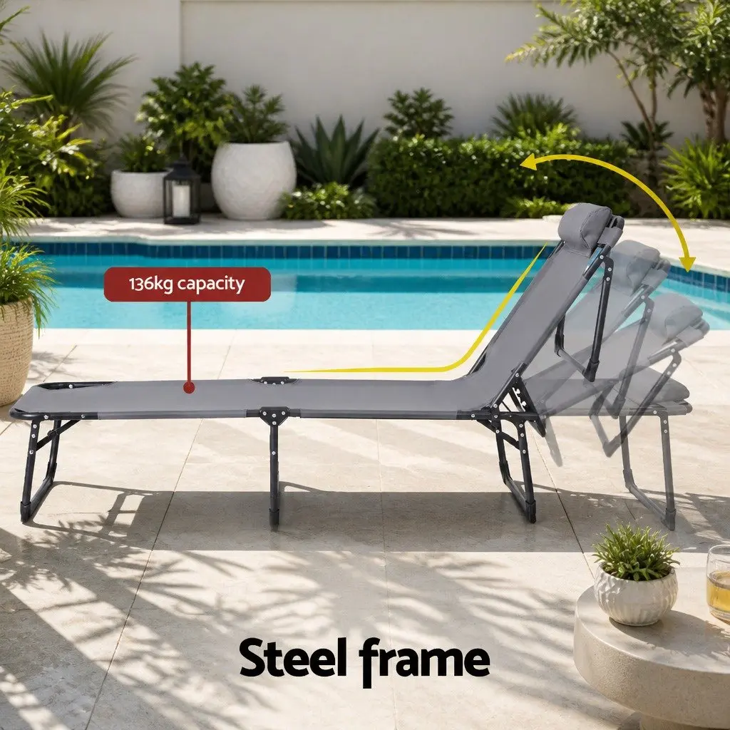 Sun Lounger Grey 4-Position Adjustable Backrest Folding Beach Chair Outdoor Patio Furniture