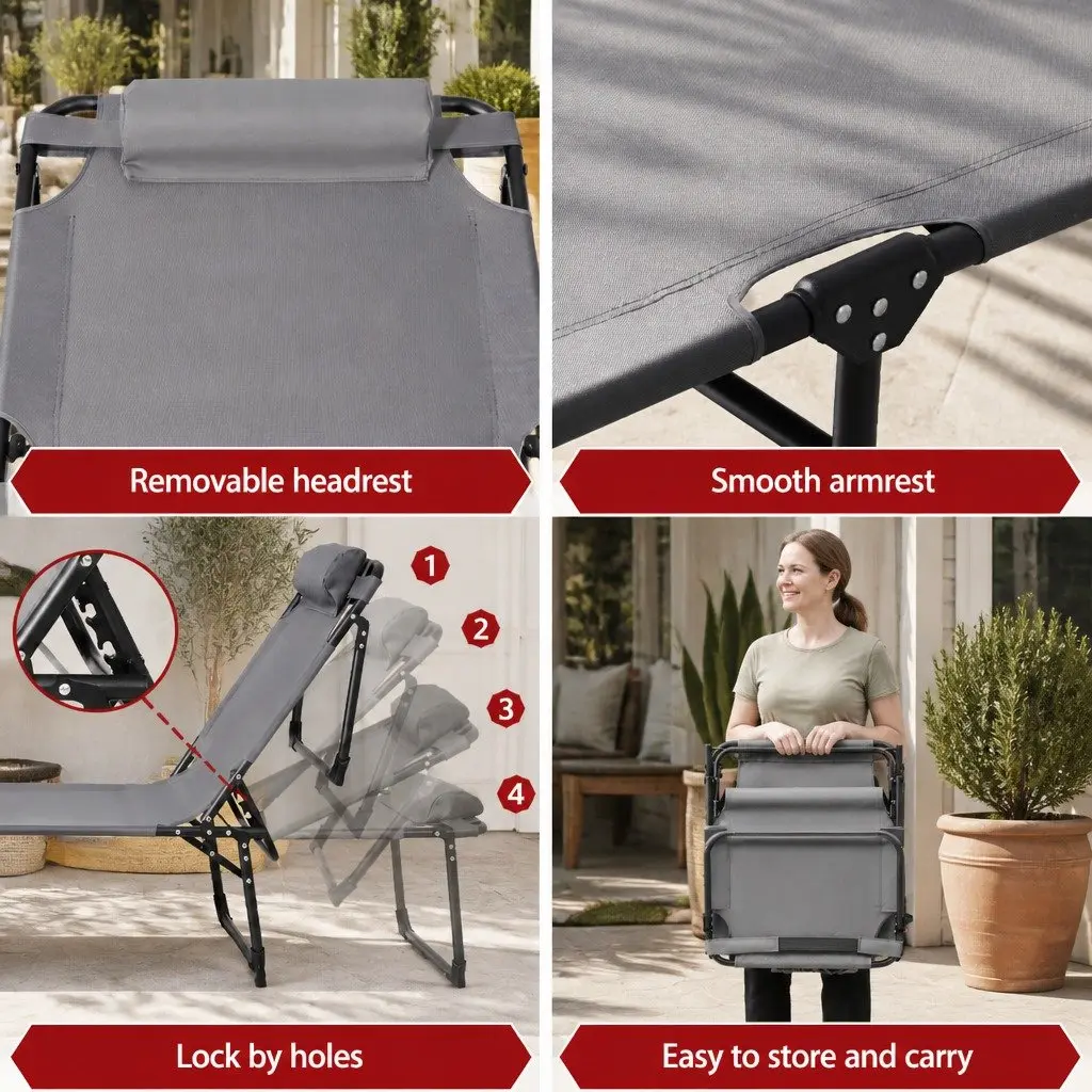 Sun Lounger Grey 4-Position Adjustable Backrest Folding Beach Chair Outdoor Patio Furniture