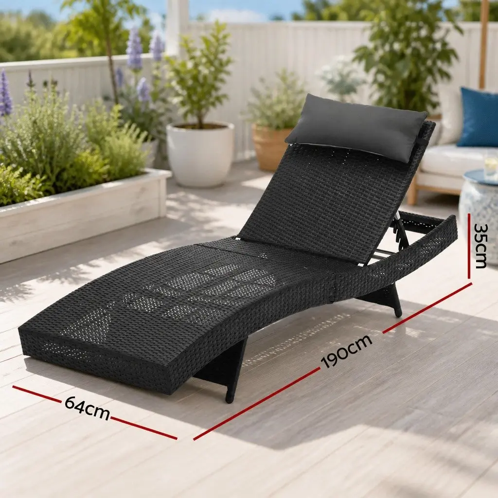 Outdoor Sun Lounge Chair Black 2PC Adjustable Wicker Lounger with Cushioned Headrest