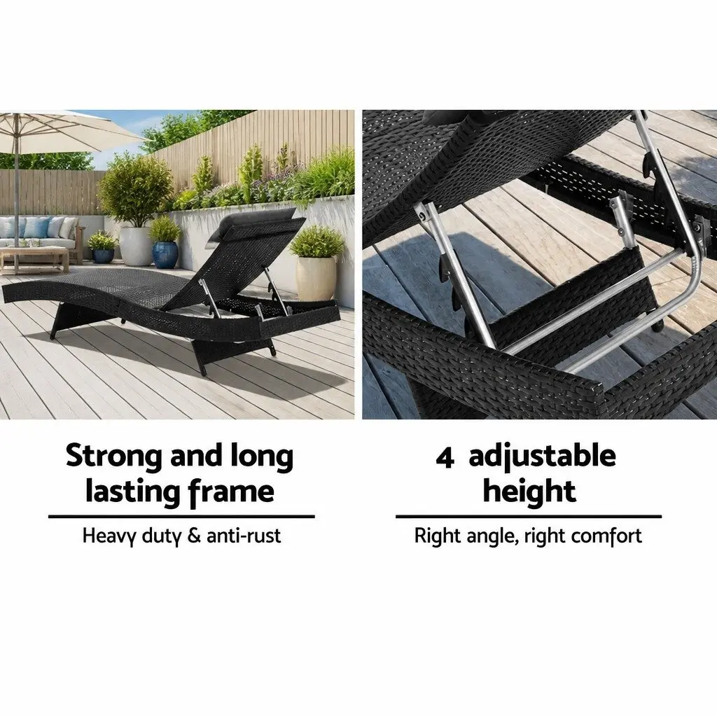 Outdoor Sun Lounge Chair Black 2PC Adjustable Wicker Lounger with Cushioned Headrest
