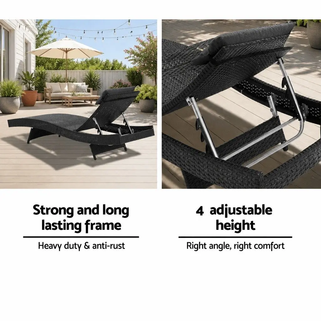 Outdoor Sun Lounge Black Adjustable Backrest Wicker Lounger with Removable Headrest